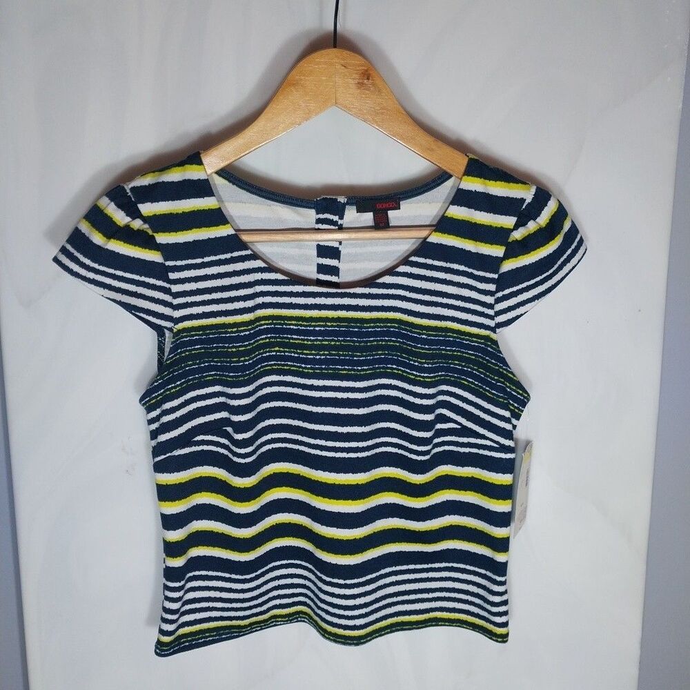 Bongo NWT Juniors Crop Top M Striped Button Back Stretch Navy Citron Y2K